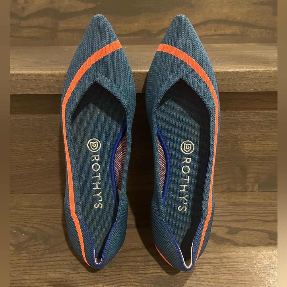 Rothy's The Point in Teal Blue with Coral Orange Stripe Size 8
